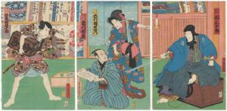 Actors Seki Sanjûrô III as Nippondaemon (R), Ichimura Uzaemon XIII as Benten Kozô, Ichikawa Danzô VI as Hamamatsuya  Kôbei (C), and Kawarazaki Gonjûrô I as Tadanobu Rihei (L)