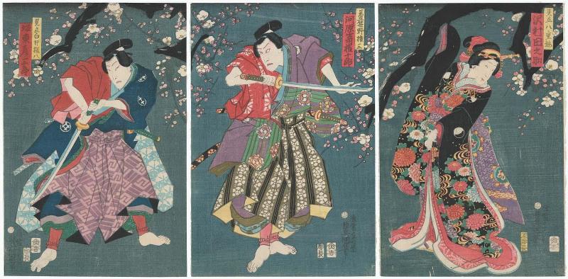 Actors in Imaginary Roles (Mitate): Sawamura Tanosuke III as Yaeume (R), Kawarazaki Gonjûrô I as Sasano Gonza (C), and Bandô Hikosaburô V as Shirai Gonpachi (L)