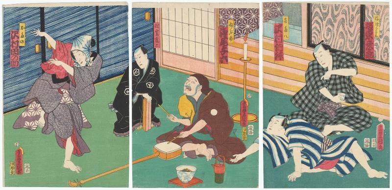 Actors Bandô Hikosaburô IV as Yajirobei and Sawamura Tosshô II as Kitahachi (R), Asao Yoroku II as Nebuichi, with the Playwright Matsushima Tsuruji (C), and Sawamura Tanosuke III as Otano (L)