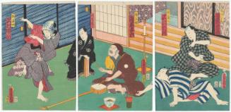 Actors Bandô Hikosaburô IV as Yajirobei and Sawamura Tosshô II as Kitahachi (R), Asao Yoroku II as Nebuichi, with the Playwright Matsushima Tsuruji (C), and Sawamura Tanosuke III as Otano (L)