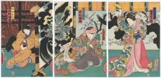 Actors Bandô Hikosaburô V as Tsubone Iwafuji (R), Sawamura Tosshô II as Chûrô Onoe (C), and Sawamura Tanosuke III as Jijo Ohatsu (L)
  
 

