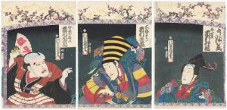 Actors Ichimura Takematsu III as Senzai (R), Ichimura Kakitsu IV as Sanbasô (C), and Ichikawa Kodanji IV as Egami no Fukusuke (L)