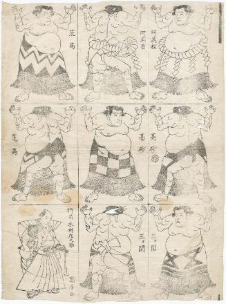 Cutout Figures of Sumô Wrestlers Abumatsu, Arauma, Mitsugaseki, and Referee (Gyôji) Kimura Shônosuke