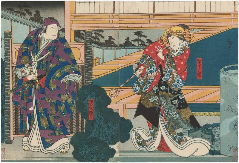 Actors Nakayama Nanshi II as Umegae (R) and Jitsukawa Enzaburô I as Kajiwara Genta (L)