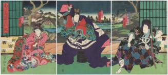 Actors Ichikawa Udanji I as Kajiwara Heiji (R), Kataoka Gatô II as Kajiwara Genta (C), and Mimasu Gennosuke IV as Chidori (L), in Hiragana Seisuiki