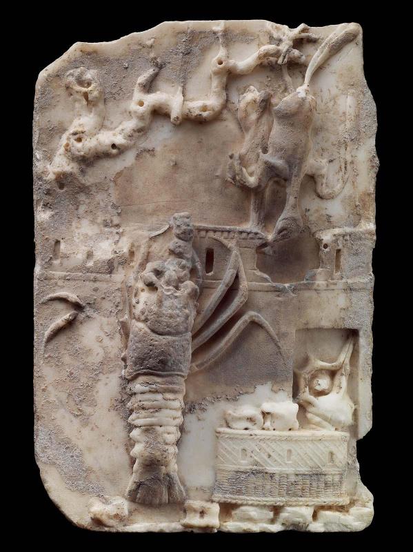 Landscape relief with still-life scene of temple, lobster, murex shell