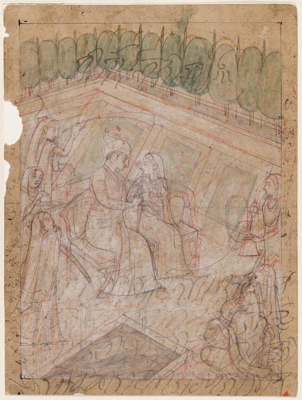 Lovers in a garden with musicians and servants