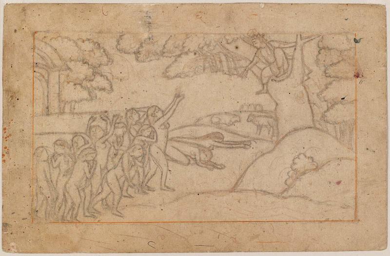Recto: The Gopis beseech Krishna to return their clothes; Verso: Sketches of heads