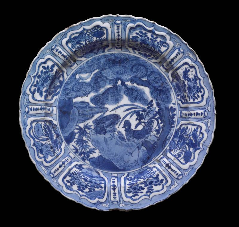 Plate with blue-and-white decoration of chicken in landscape