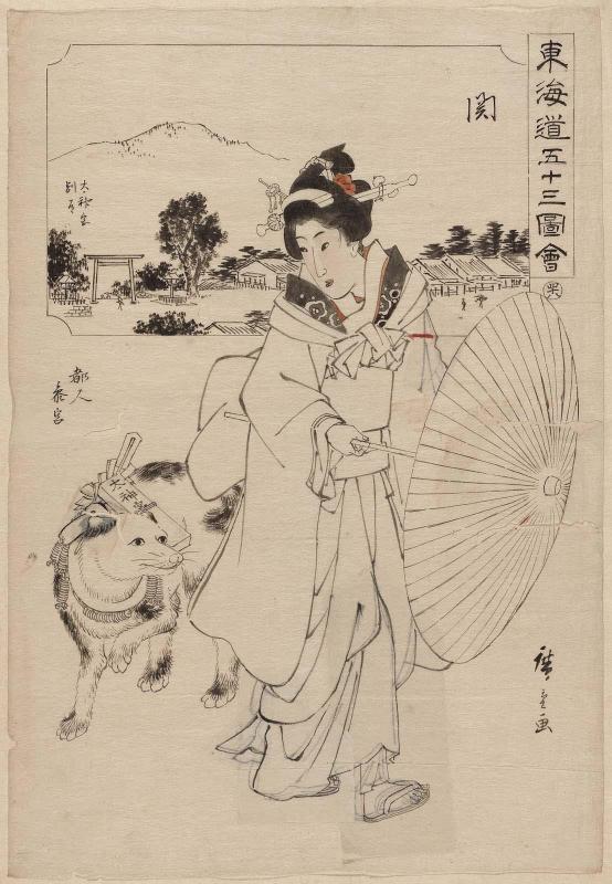 Drawing for: No. 48, Seki: Side Road to the Ise Shrine (Ômikami no miya betsudô, above), and A City Girl on Pilgrimage to the Shrine (Tojin sangû, below), from the series Fifty-three Pictures of the Tôkaidô Road (Tôkaidô gojûsan zue)
