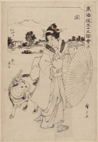 Drawing for: No. 48, Seki: Side Road to the Ise Shrine (Ômikami no miya betsudô, above), and A City Girl on Pilgrimage to the Shrine (Tojin sangû, below), from the series Fifty-three Pictures of the Tôkaidô Road (Tôkaidô gojûsan zue)