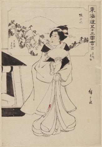 Drawing for: No. 49, Sakanoshita: the Mountain where the Old Master Threw Away His Brush (Ko hôgen Fudesuteyama), and Sightseeing at Famous Spots (Meisho kenbutsu), from the series Fifty-three Pictures of the Tôkaidô Road (Tôkaidô gojûsan zue)