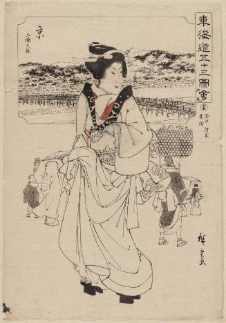 Drawing for: No. 55, the End (Daibi), Kyoto (Kyô): the Great Bridge at Sanjô (Sanjô Ôhashi), and Rich and Poor Coming and Going in the Capital (Rakuchû ôrai kisen) from the series Fifty-three Pictures of the Tôkaidô Road (Tôkaidô gojûsan zue)