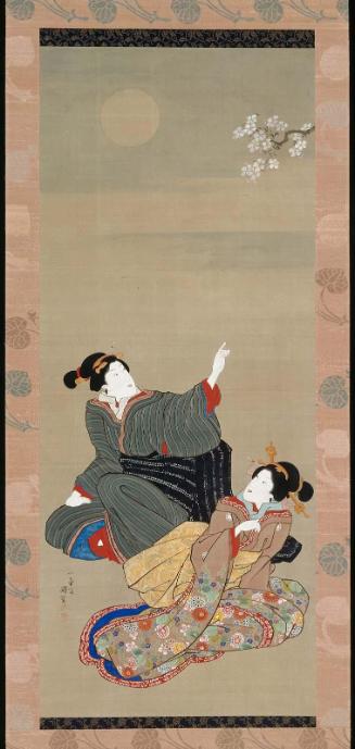 Women Admiring Cherry Blossoms at Night