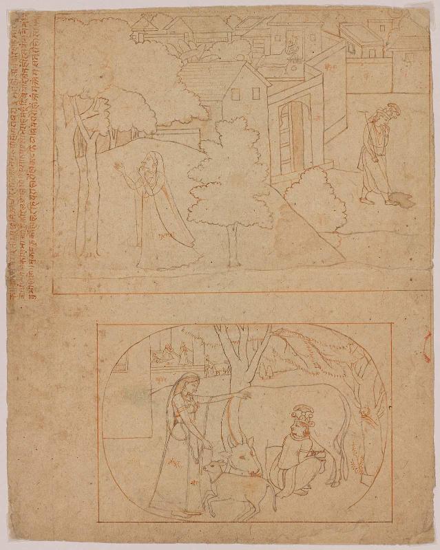 Four drawings: Krishna's bath: Krishna steals milk; Radha searches for Krishna; woman bird-watching