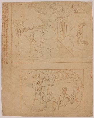 Four drawings: Krishna's bath: Krishna steals milk; Radha searches for Krishna; woman bird-watching