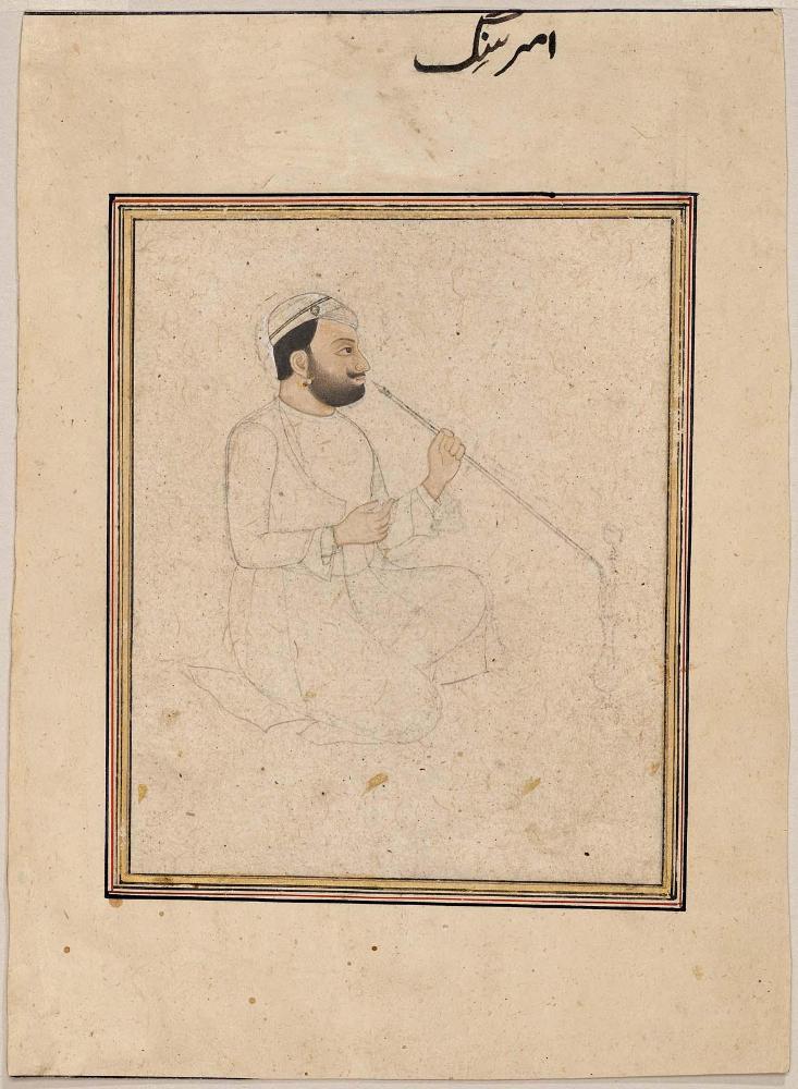 Man seated smoking a huqqa, possibly a portrait of Amar Singh