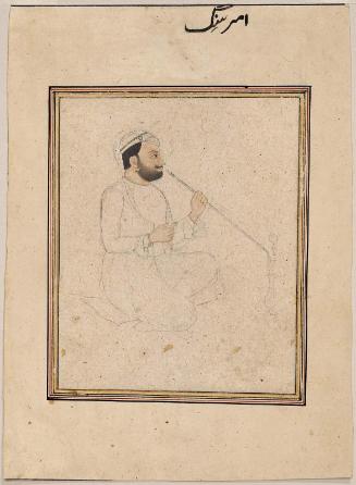 Man seated smoking a huqqa, possibly a portrait of Amar Singh