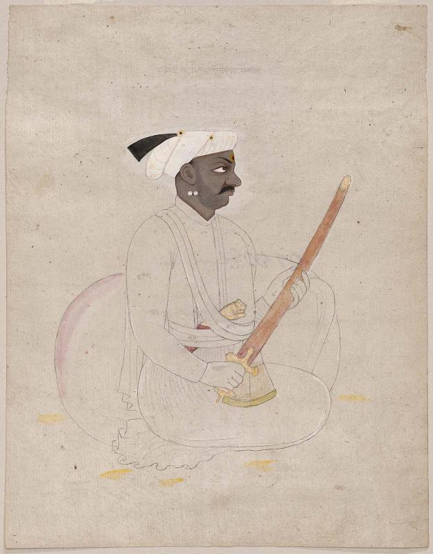 Ancestor portrait of Maharaja Sitha Saini of Mandi seated with a sword