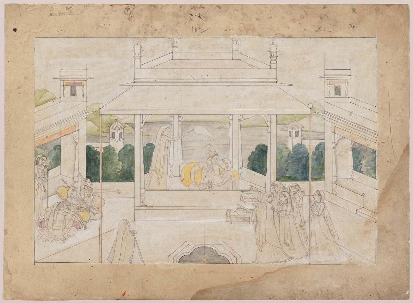 Nala with Damayanti in a pavilion entertained by musicians