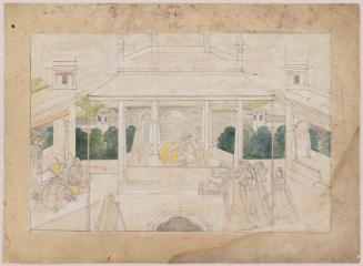 Nala with Damayanti in a pavilion entertained by musicians