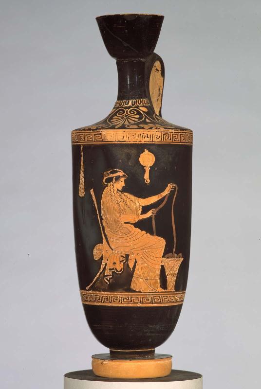 Oil flask (lekythos) with a woman working wool