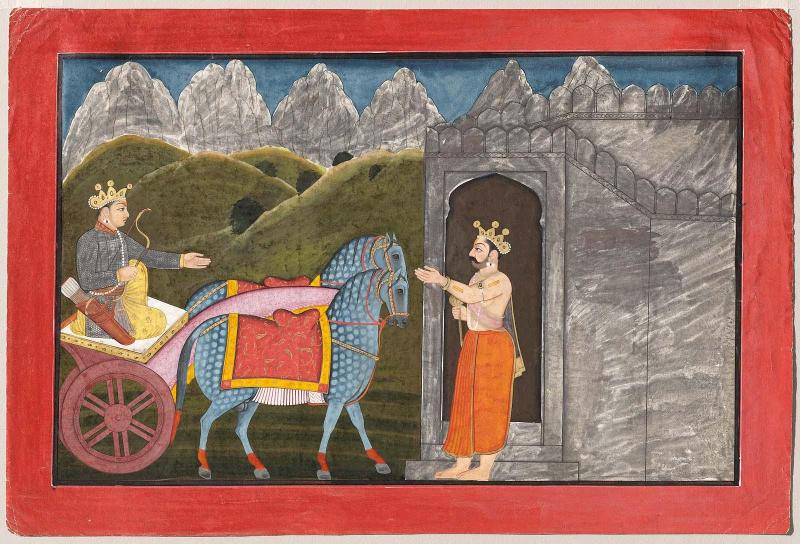 Charioteer at the walls of a fortress (book 4?); G: Dhruva comes to Akapuri