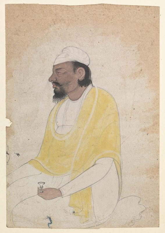 A drunken man in a yellow shawl