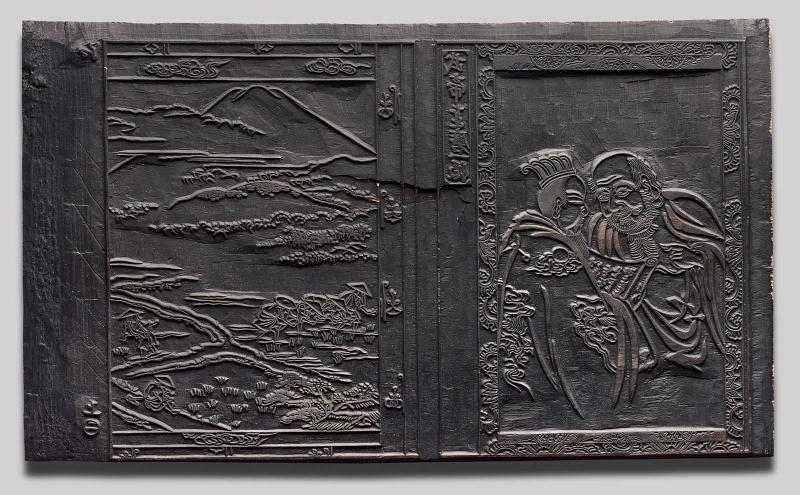 Woodblock for unidentified book illustrations: Daruma and Emperor Wu (right); Japanese landscape with Mt. Fuji (left)