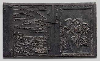 Woodblock for unidentified book illustrations: Daruma and Emperor Wu (right); Japanese landscape with Mt. Fuji (left)