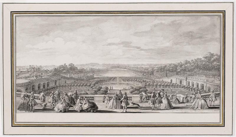 View of the Orangerie of Versailles, taken from the balustrade at the edge of the terrace of the chateau