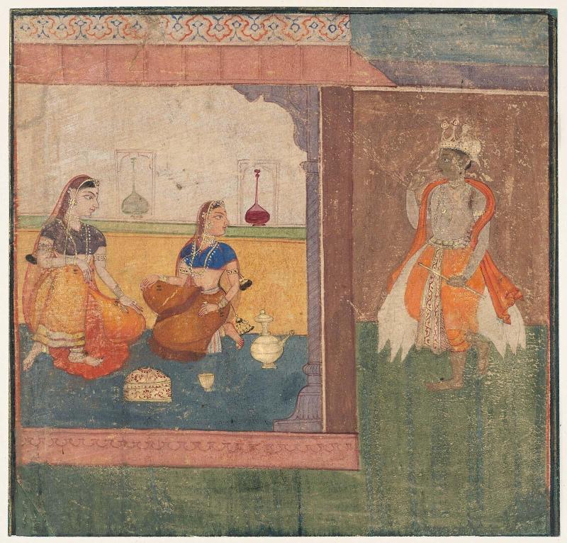 Keshava Das's "Rasikapriya": The Heroine and Confidante in Conversation, The Arrival of Krishna (Nayika and Sakhi conversing)