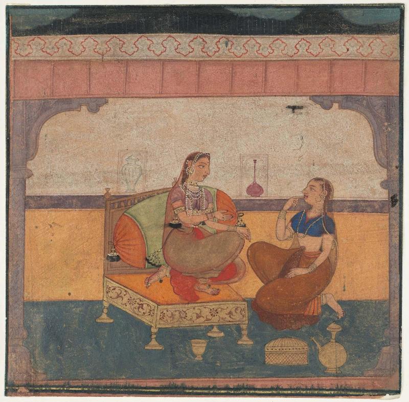 Keshava Das's "Rasikapriya": Nayika and Sakhi conversing on a rainy day