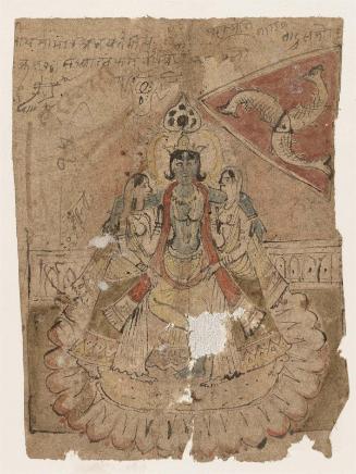 Krishna with two Gopis, standing on a lotus, with a design of three fish on a triangle