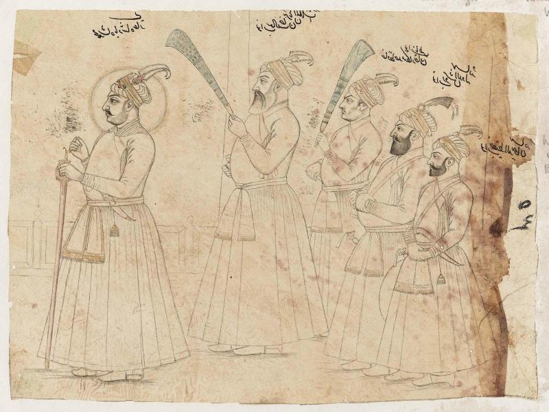 A tracing of Muhammad Shah with four courtiers