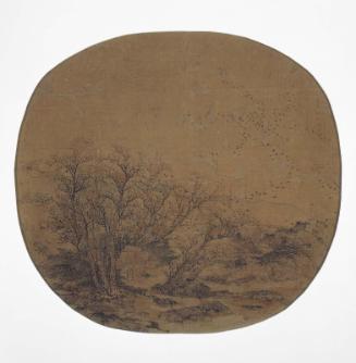 Flock of birds returning to wintry woods