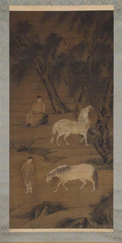 Horses and grooms under willow trees