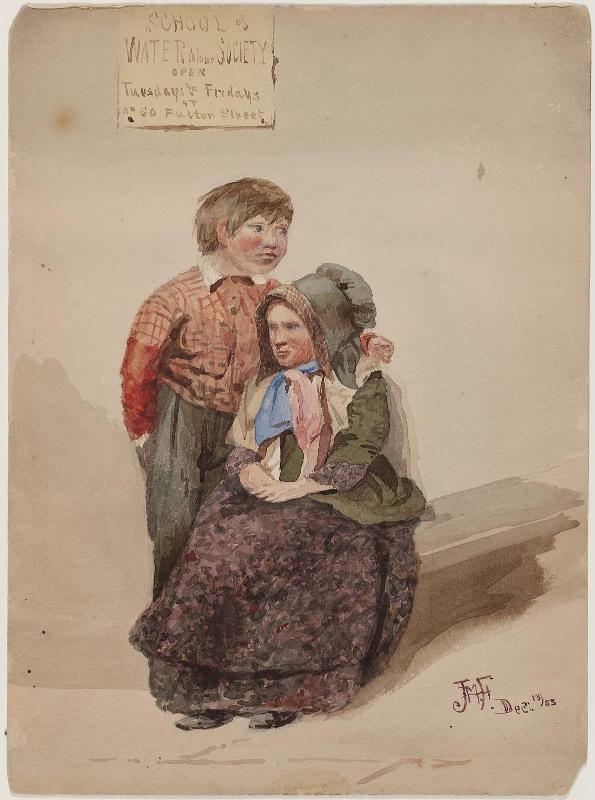 Couple Seen below a Poster for the School of the Watercolor Society
