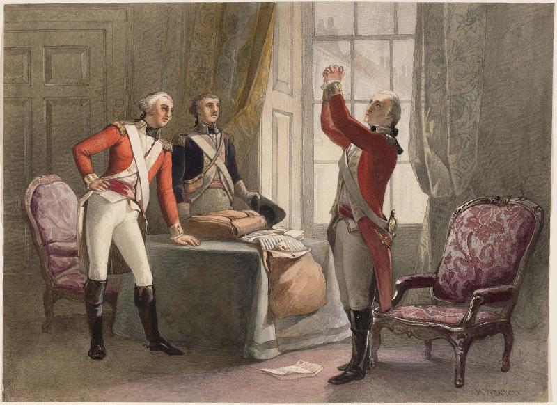 George Washington in British Regular uniform and two Officers