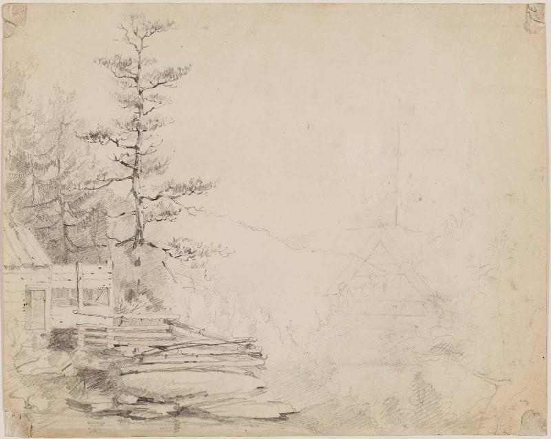 Landscape with Pine Tree and Rustic Cabins