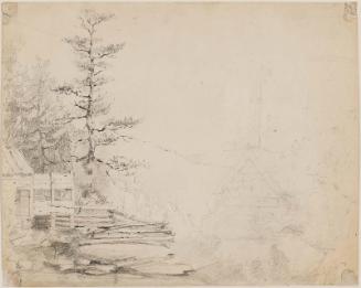 Landscape with Pine Tree and Rustic Cabins