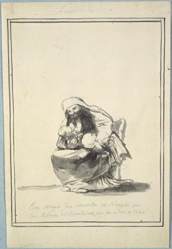 Bearded Woman With Child. Esta Muger fue retratada en Napoles por José Ribera o el Españoleto, por los años de 1640 (This Woman Was Painted in Naples by Jusepe Ribera, called lo Spagnoletto, about the year 1640).
Album E (Black Border Album), number indecipherable [7 ?]