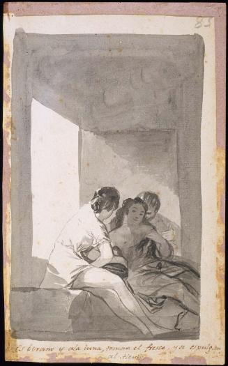 It is summer and by moonlight they take the air and get rid of their fleas by touch. (Es herano y a la luna, toman el fresco, y se espulgan / al tiento)
[Three Figures Seated at an Open Window]
Double-sided drawing in Album B (Madrid Sketchbook) No. 85;, on verso B 86 :"Buen Sacerdote..." (Good Priest....)