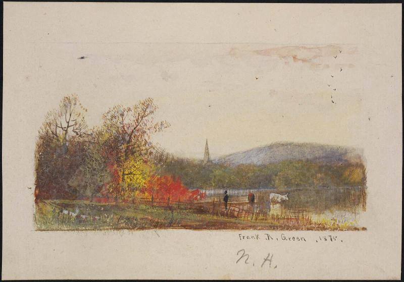 Landscape miniature (with autumn color, church steeple and cow in water)