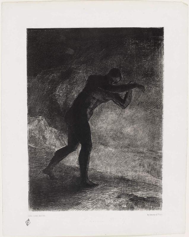 And man appeared, questioning the earth from which he emerged and which attracts him, he made his way toward somber brightness; Plate 8 from the set "The Origins"