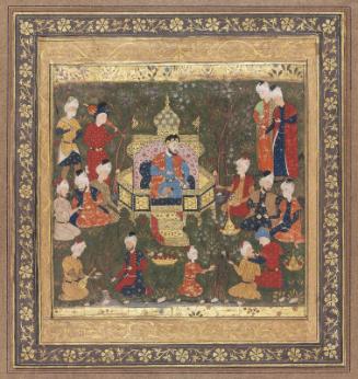 Firdawsi's Shahnama: Emperor on Throne in Garden Surrounded by Ministers and Attendants