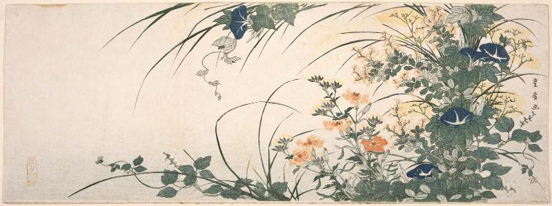 Morning Glories, Wild Carnations, Bush Clover, Patrinia, and Pampas Grass