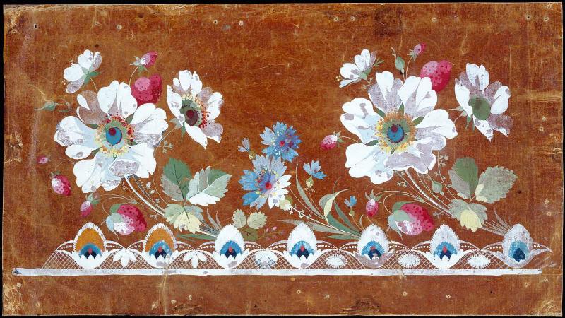 Floral Embroidery Design with large white flowers, small blue flowers, and strawberries