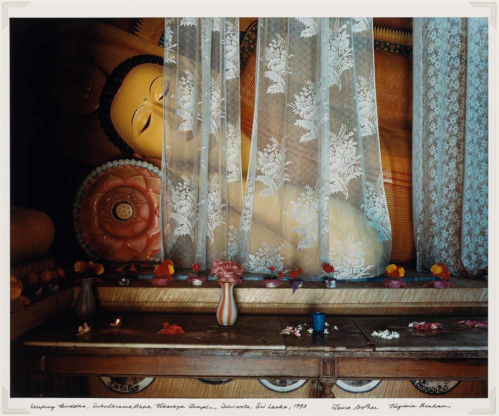 No Ordinary Land: Offerings of jasmine and hibiscus before a sleeping Buddha, Subodhrama Maha Vibarava Temple, Dehiwala, Sri Lanka