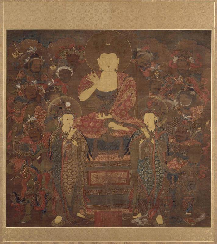 Medicine Buddha Triad with Twelve Guardians